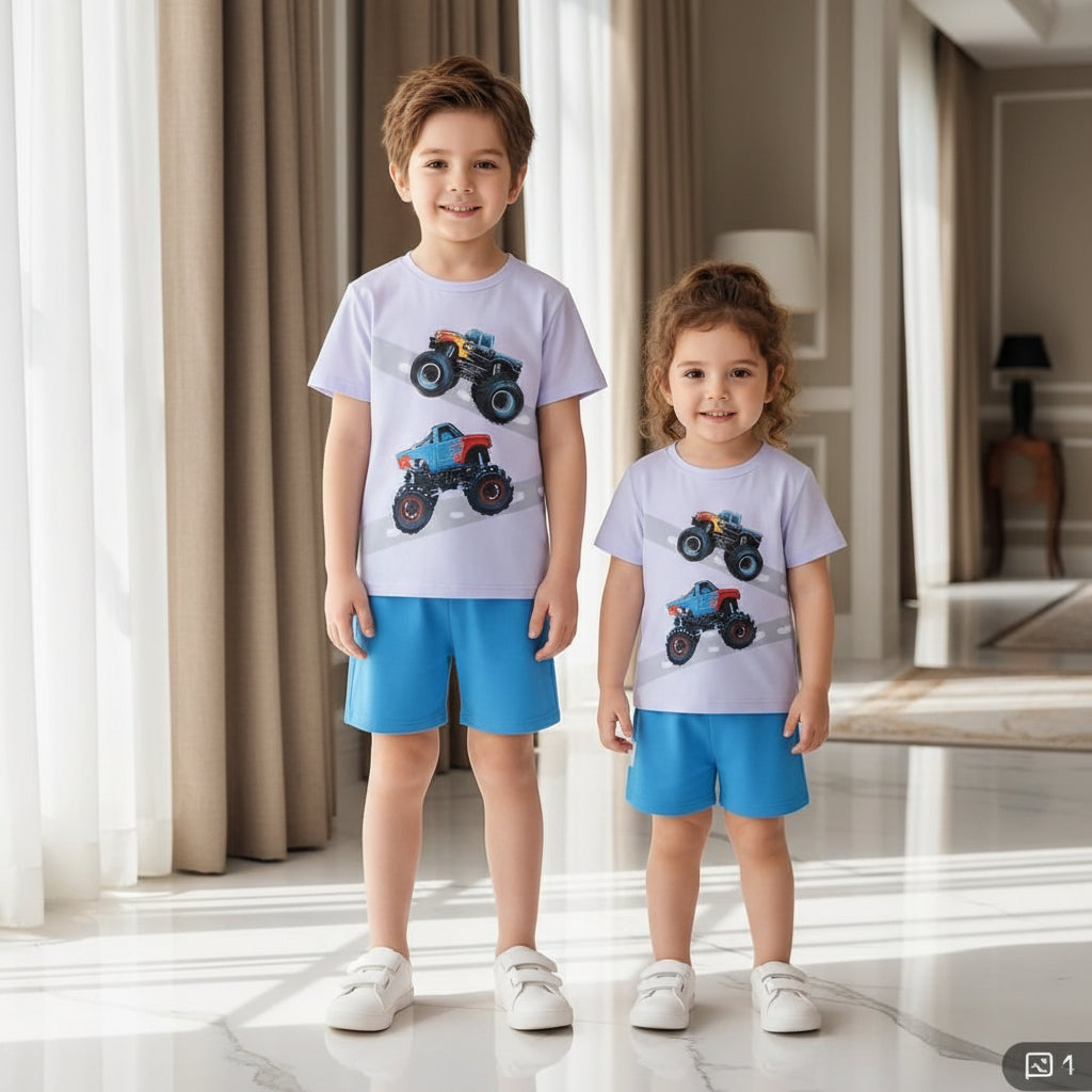 Sky Blue Off Road Truck Kids Short Set