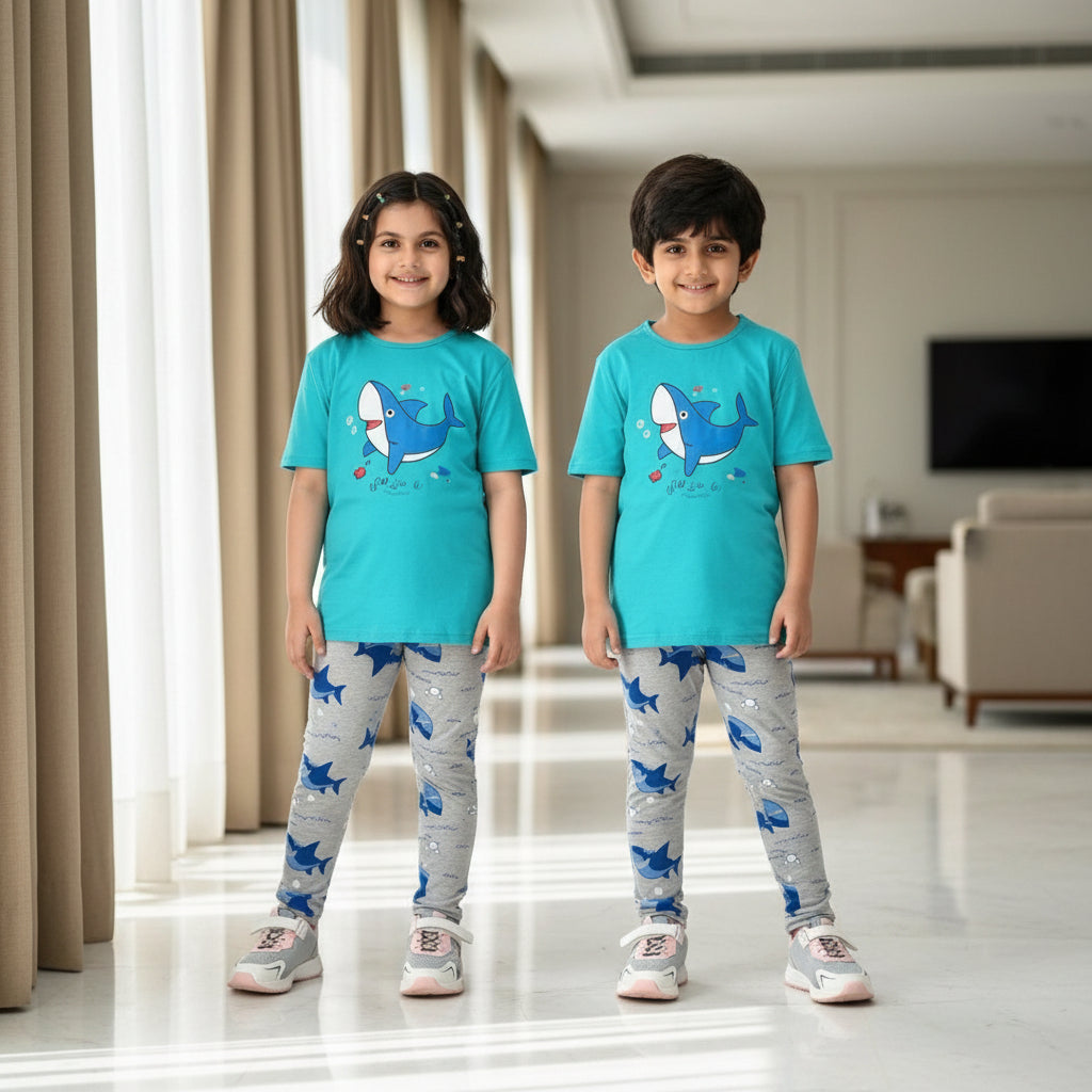Green Shark Printed Kids PJ Sets
