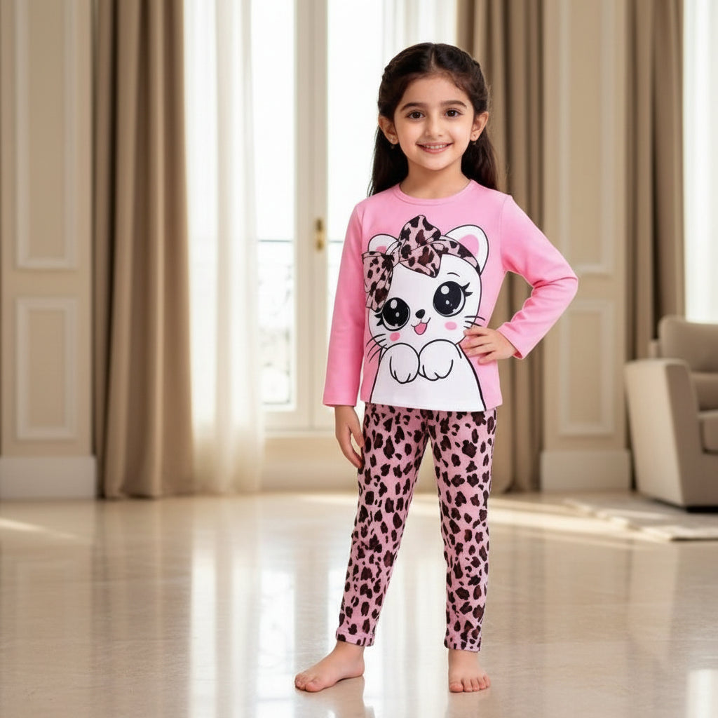 PINK Cute Kitty with cheetha pajama Printed Kids Wear
