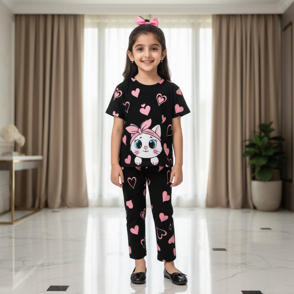 Black Kitty With Pink Hearts Printed Kids Wear