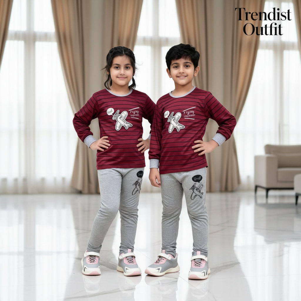MAROON & GREY PERFOMANCE PRINTED KIDS PJ SET