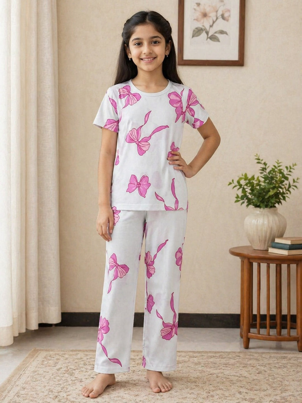 White & Pink Bow Printed Kids Wear