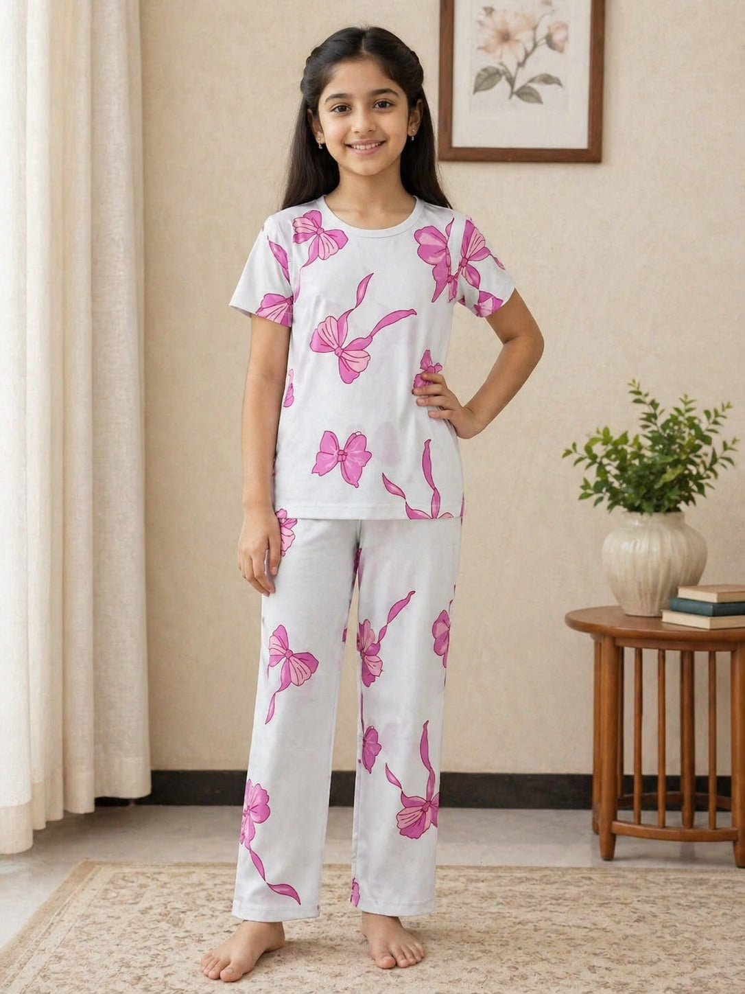 White & Pink Bow Printed Kids Wear