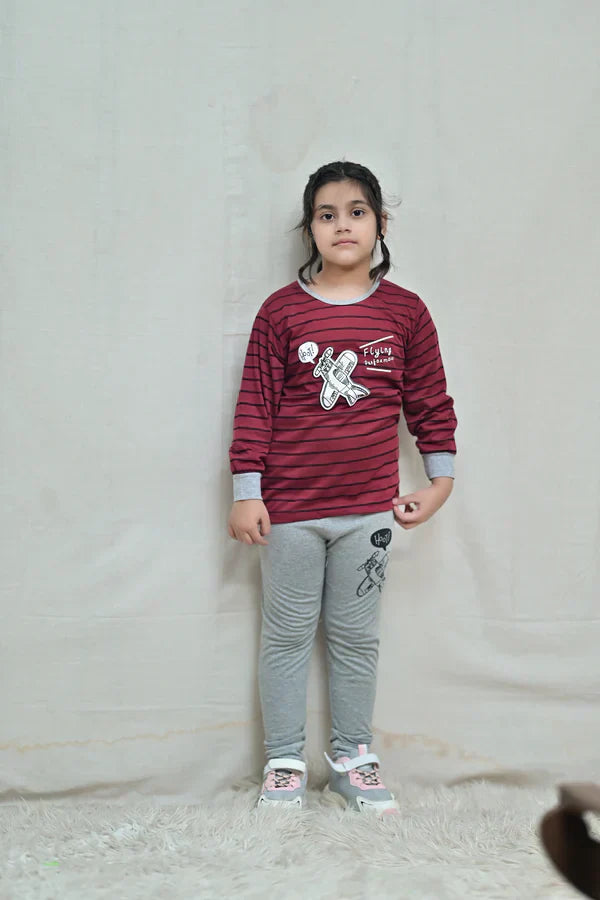 MAROON & GREY PERFOMANCE PRINTED KIDS PJ SET