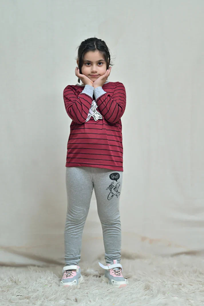 MAROON & GREY PERFOMANCE PRINTED KIDS PJ SET