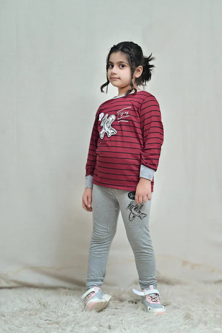 MAROON & GREY PERFOMANCE PRINTED KIDS PJ SET