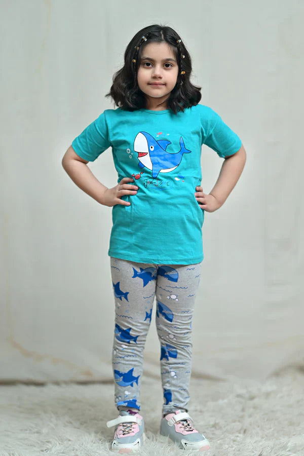 Green Shark Printed Kids PJ Sets