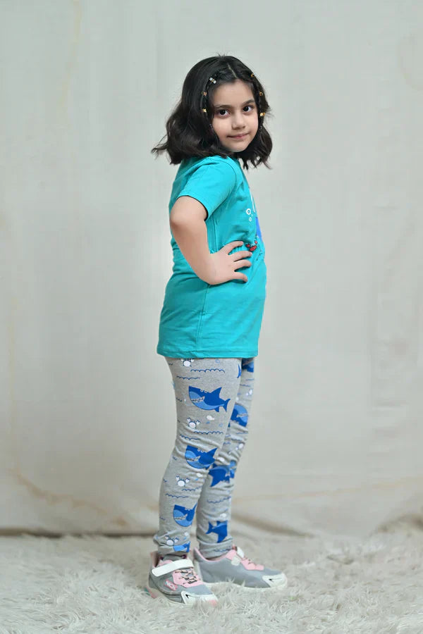 Green Shark Printed Kids PJ Sets