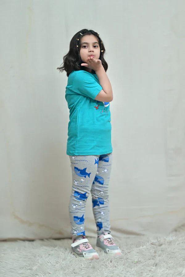 Green Shark Printed Kids PJ Sets