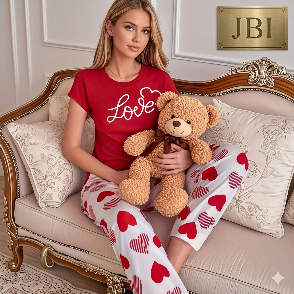 White Love Heart Printed Night Suit For Women PJ Set