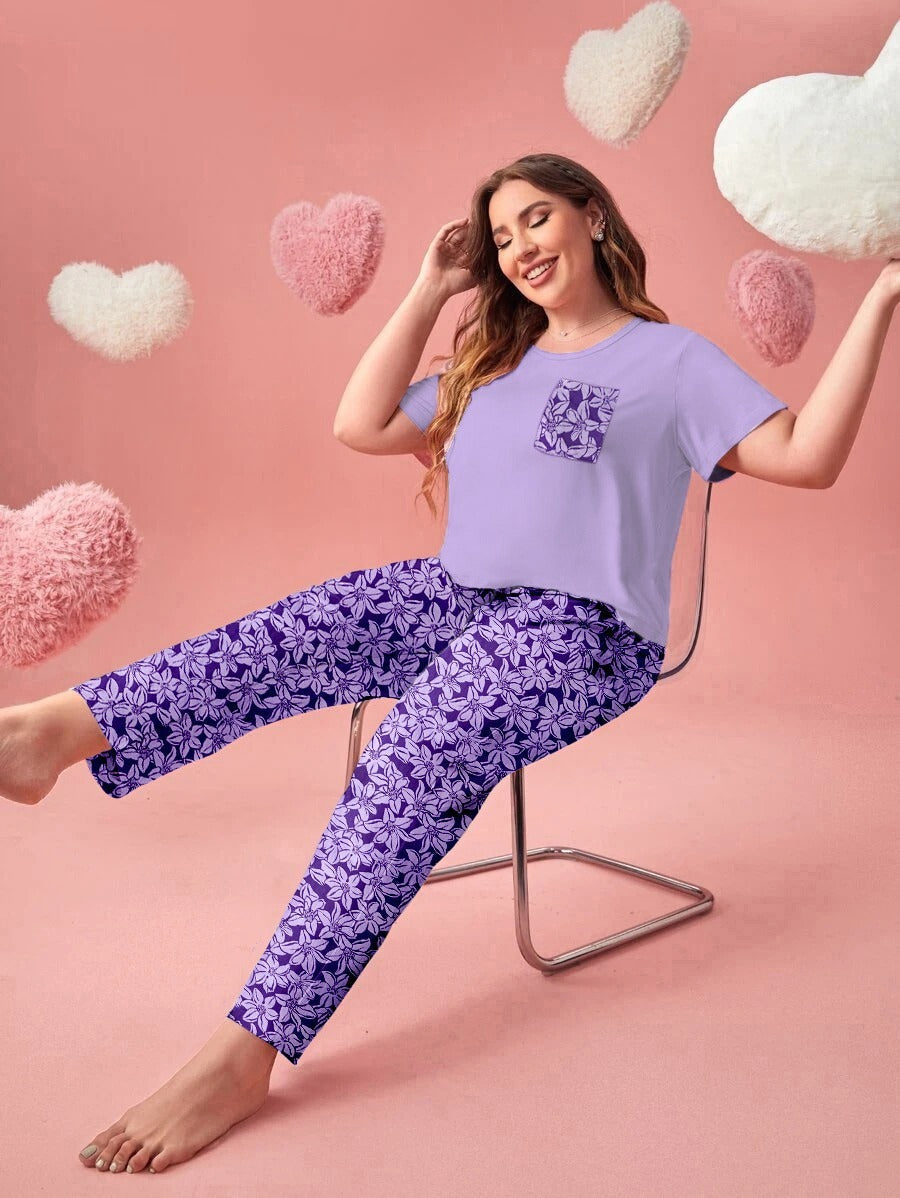 PURPLE POCKET FLOWER WOMEN PRINTED PJ SET