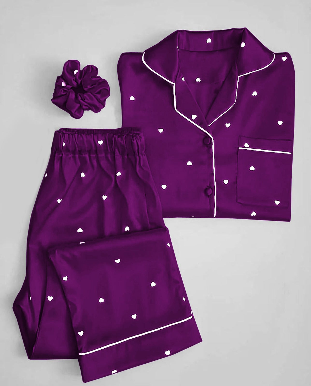3 Pcs Heart Printed Silk Nightsuit For Girls - Silk Nightwear For Women