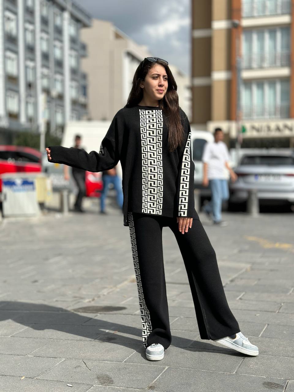 Premium Black Geometric Tracksuit – Women