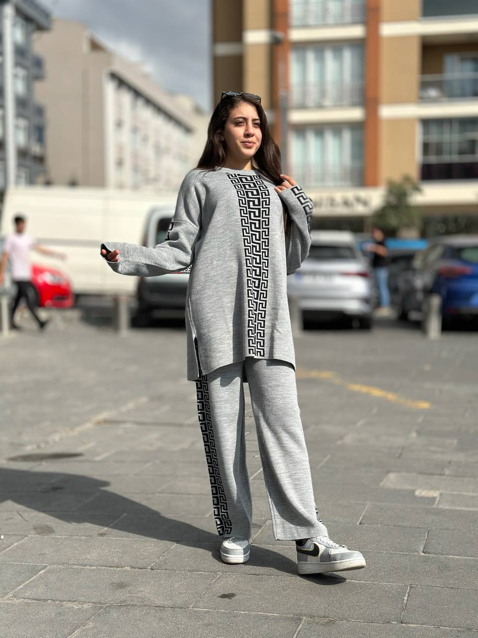 Premium Grey Geometric Tracksuit – Women