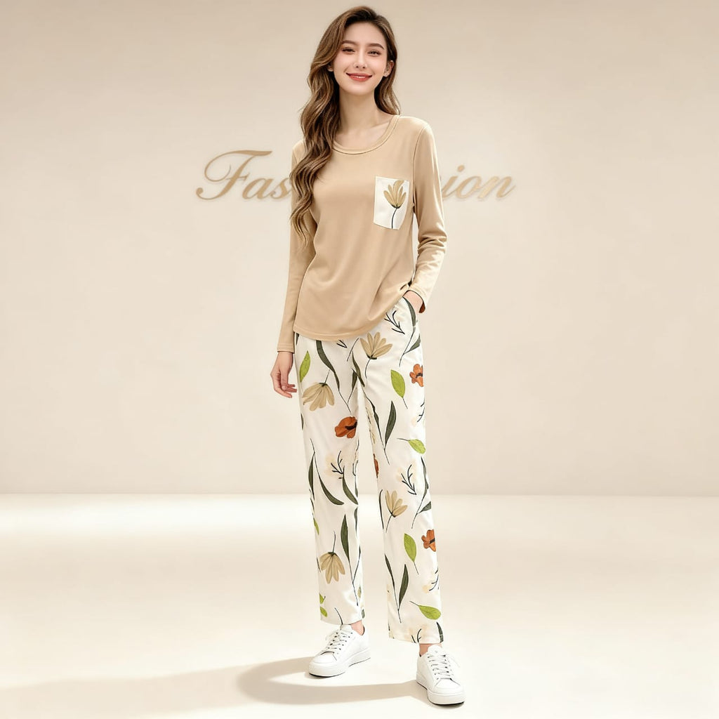 SKIN TOP WITH LEAFS PRINTTED PAJAMA SETS