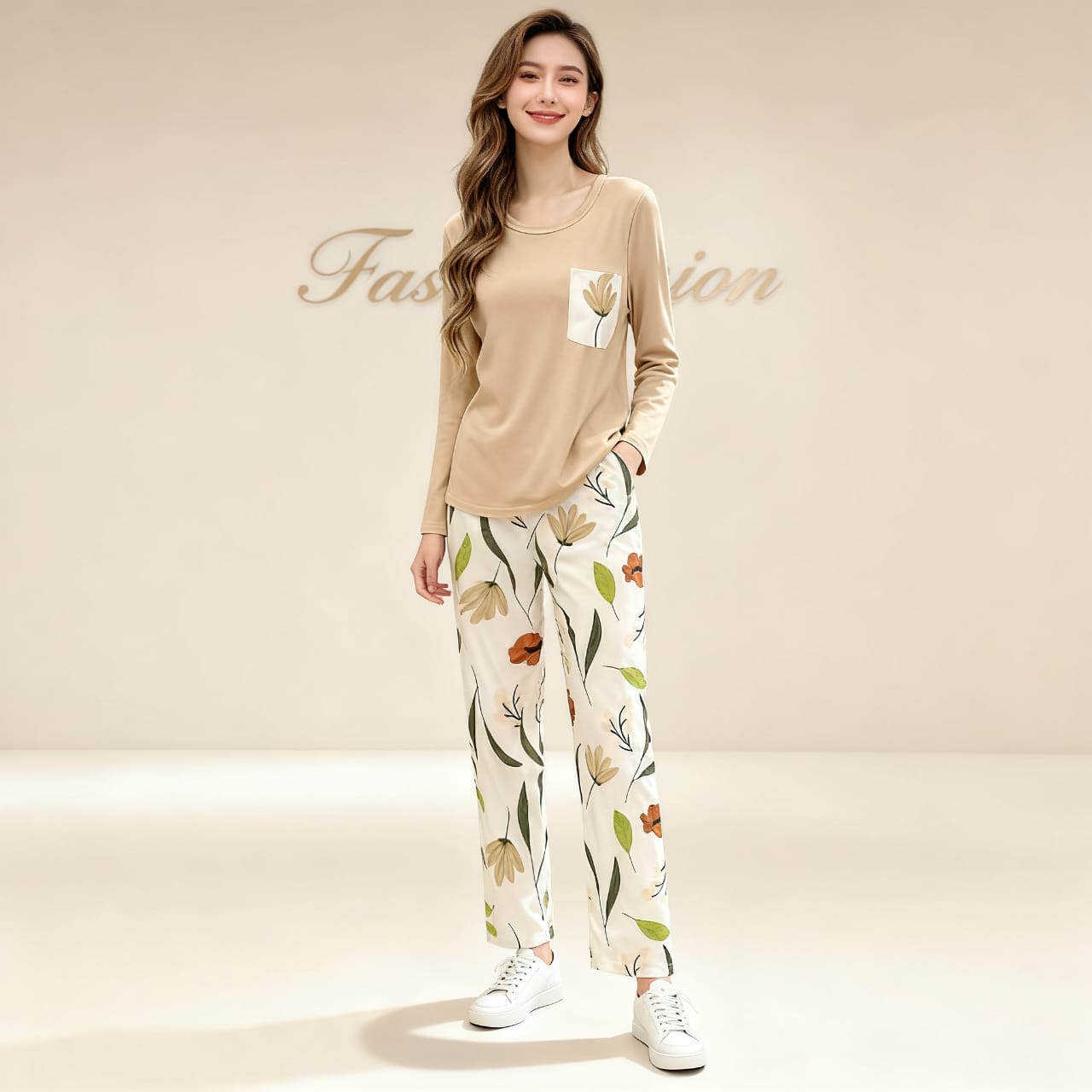 SKIN TOP WITH LEAFS PRINTTED PAJAMA SETS