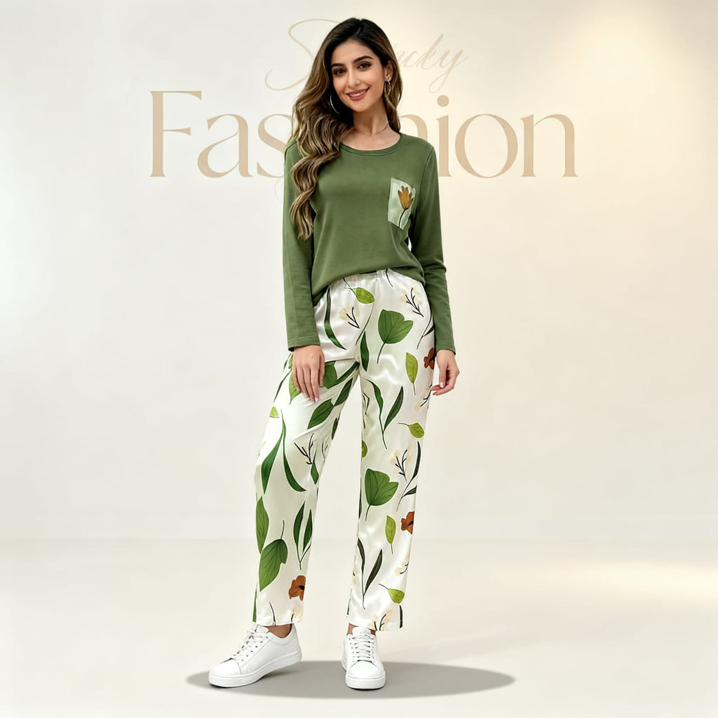 GREEN TOP WITH LEAFS PRINTTED PAJAMA SETS