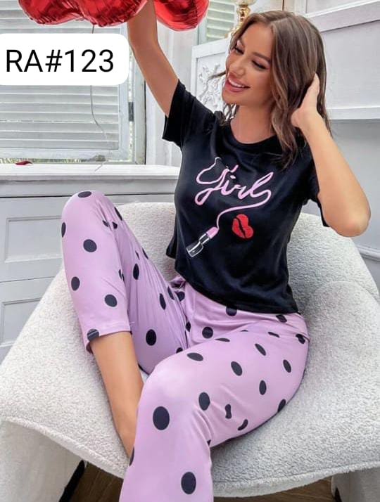 Girls Stylish Nightwear Set – Lip Print Tee with Polka Dot Pajama