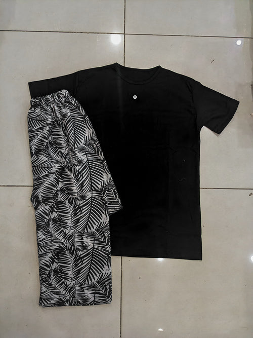 Black Top With Tree Style Printed Pajama Sets