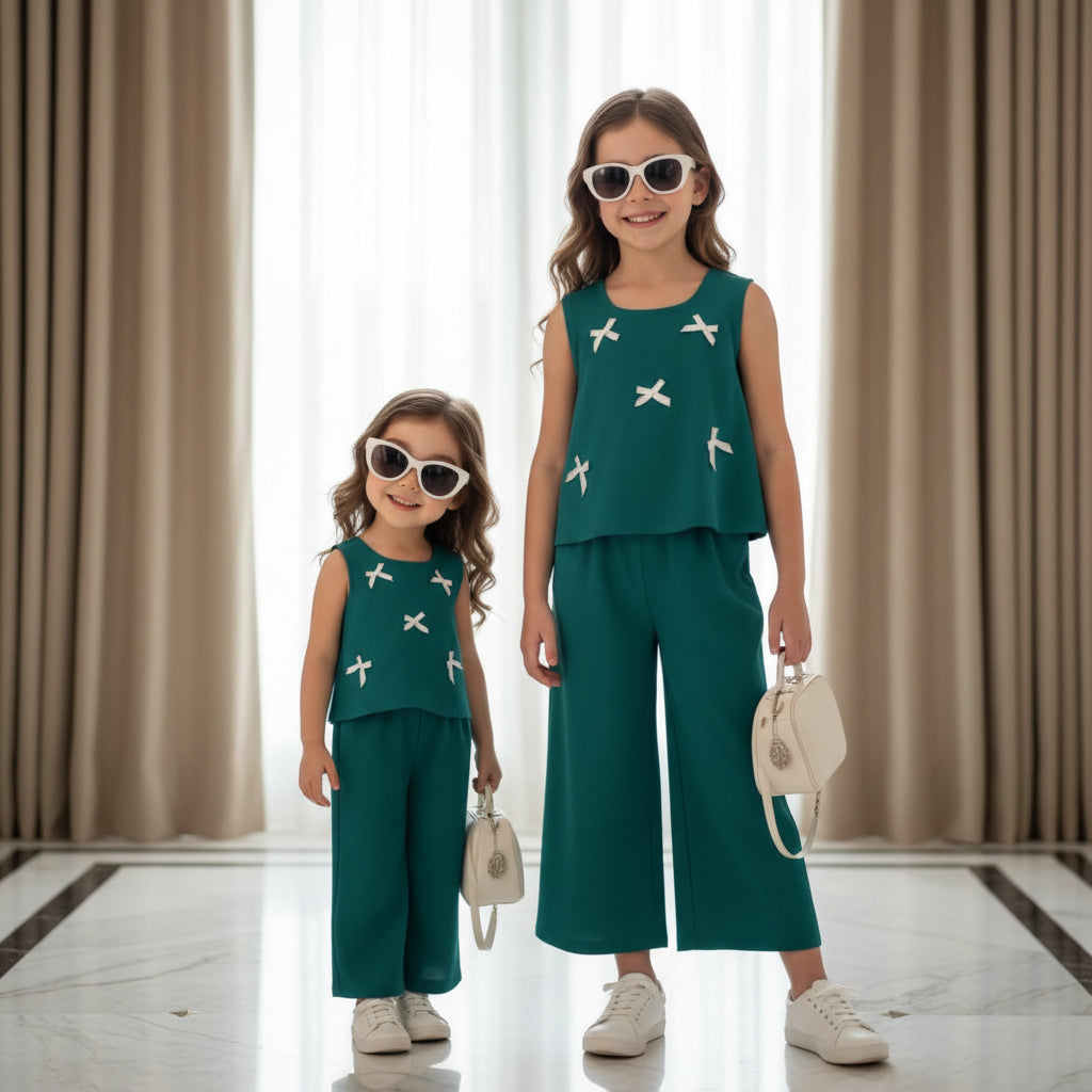 Green : Girls Stylish Sleeveless Top & Wide-Leg Pants Co-Ord Set