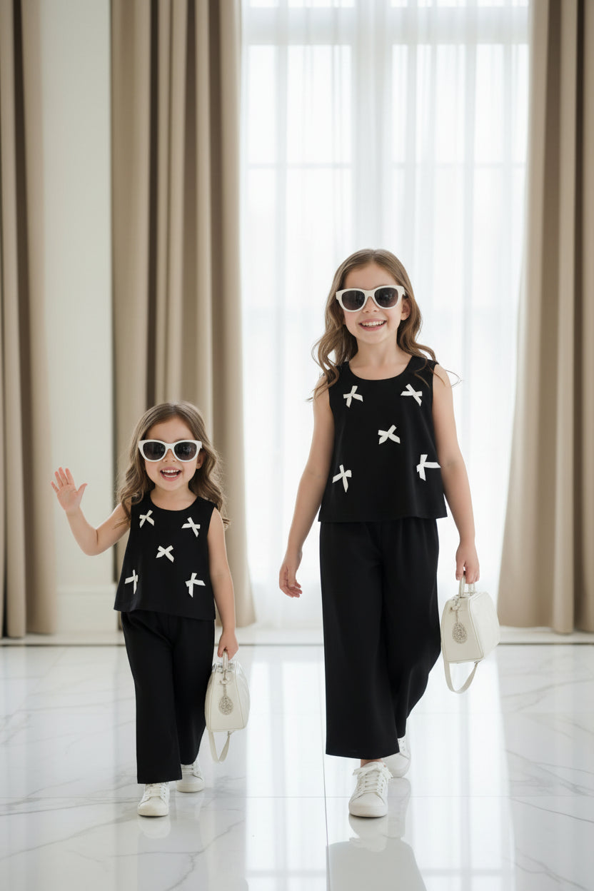 Black : Girls Stylish Sleeveless Top & Wide-Leg Pants Co-Ord Set