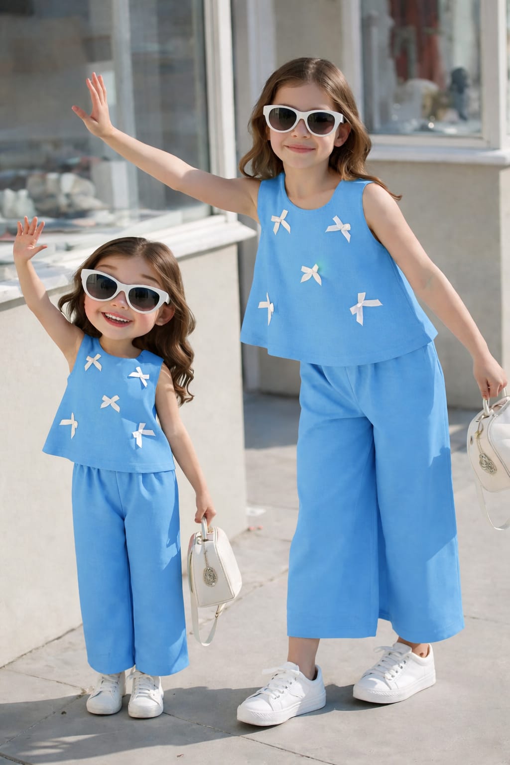 Sky Blue : Girls Stylish Sleeveless Top & Wide-Leg Pants Co-Ord Set