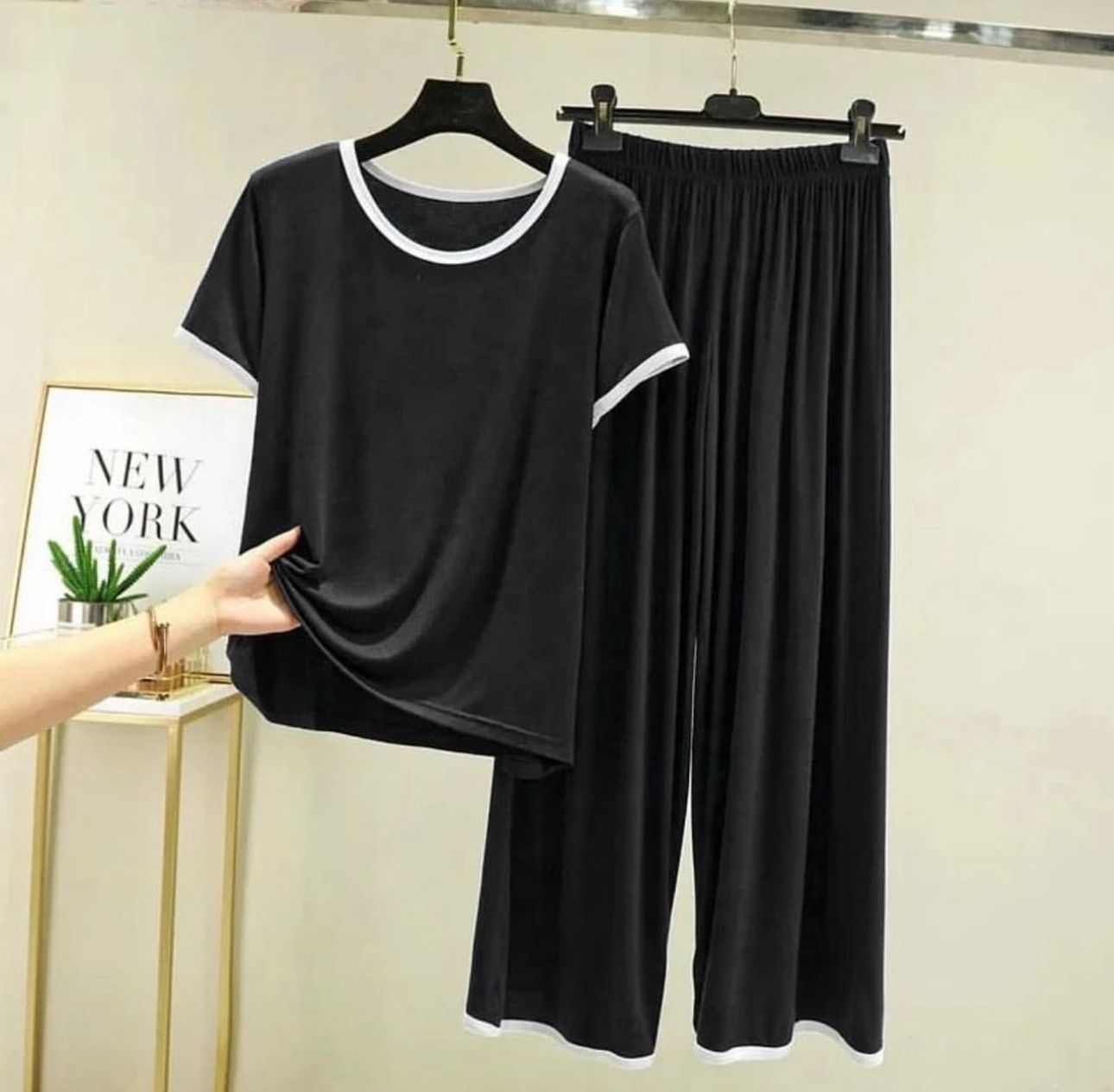 White Round Neck Black Longwear PJ Set Artical #1003