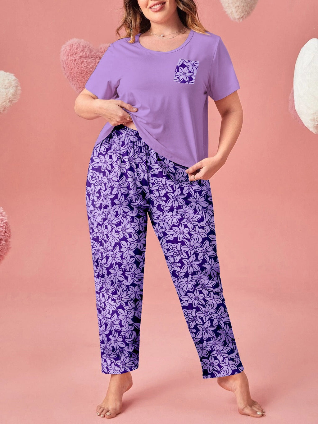 PURPLE POCKET FLOWER WOMEN PRINTED PJ SET