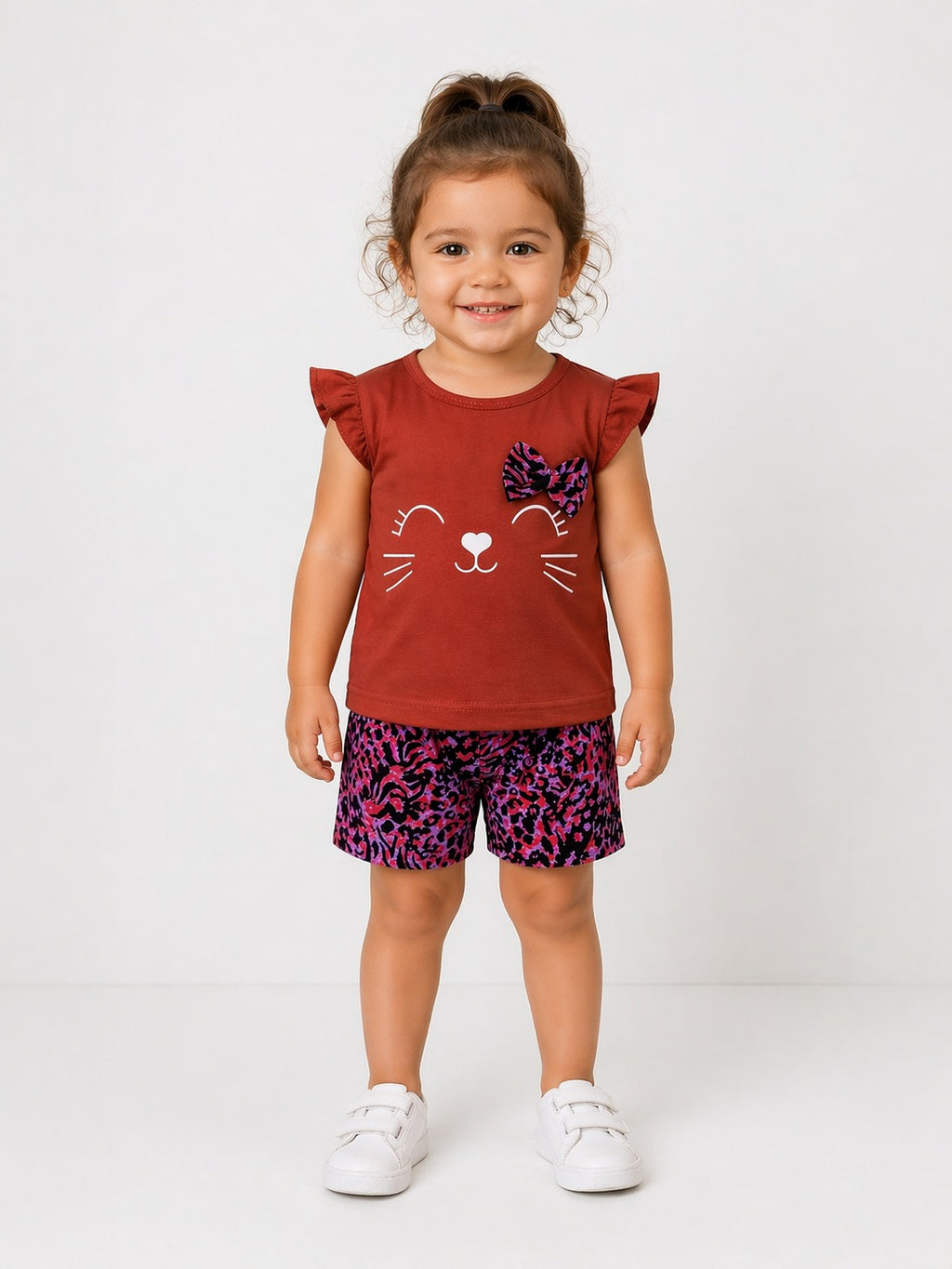 Brown Girls Kitty  Bow Print Top & Shorts Set”