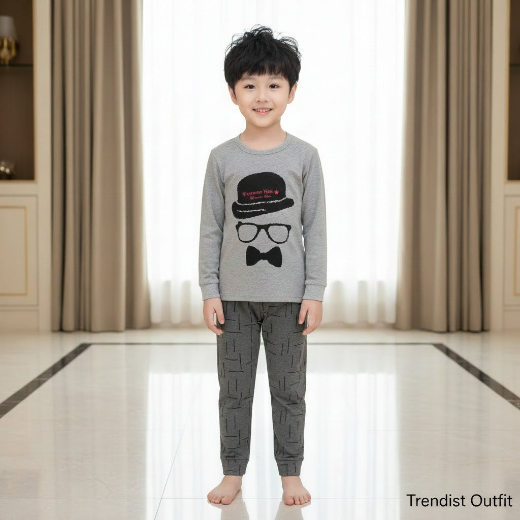 GRAY % DARK BLACK CAP PRINTED KIDS WEAR