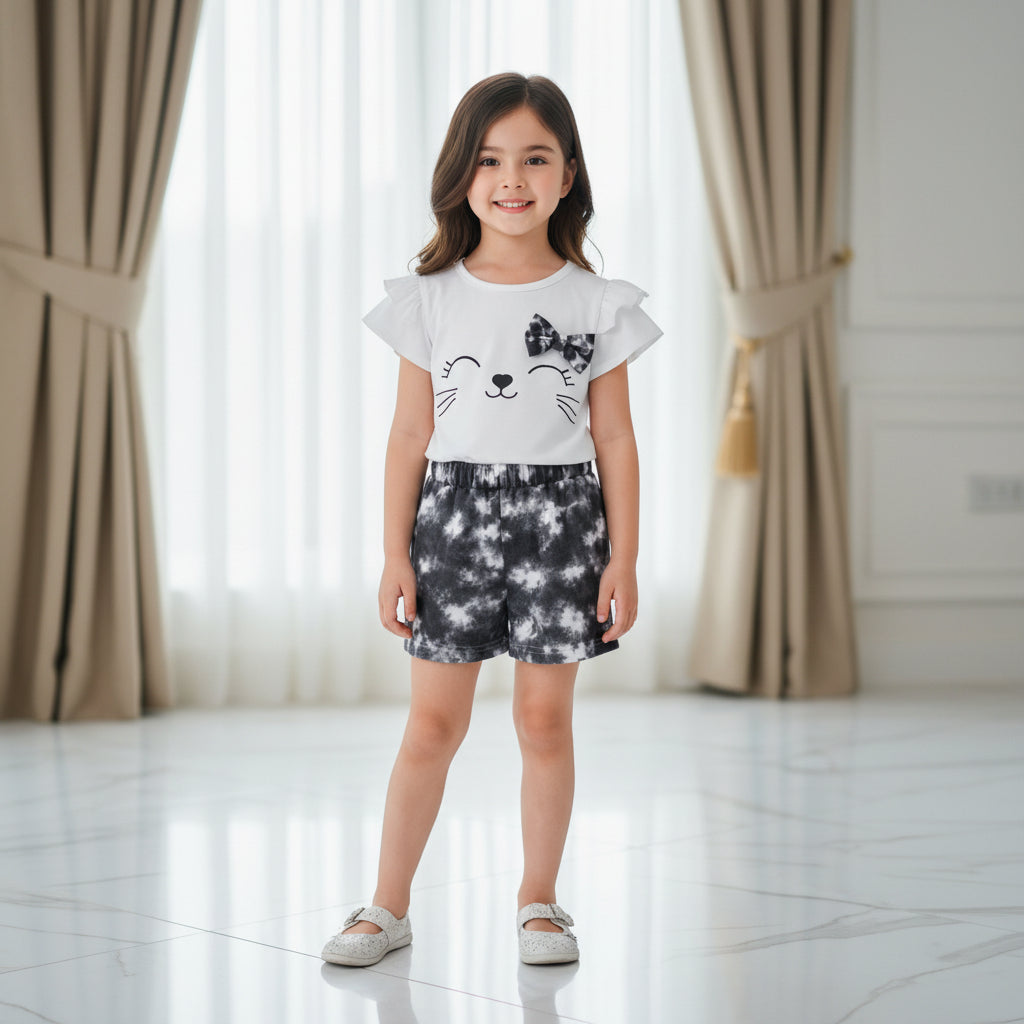 White Girls Kitty Bow Print Top & Shorts Set”