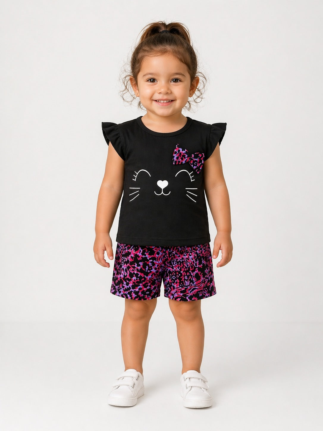 Black Girls Kitty Bow Print Top & Shorts Set”