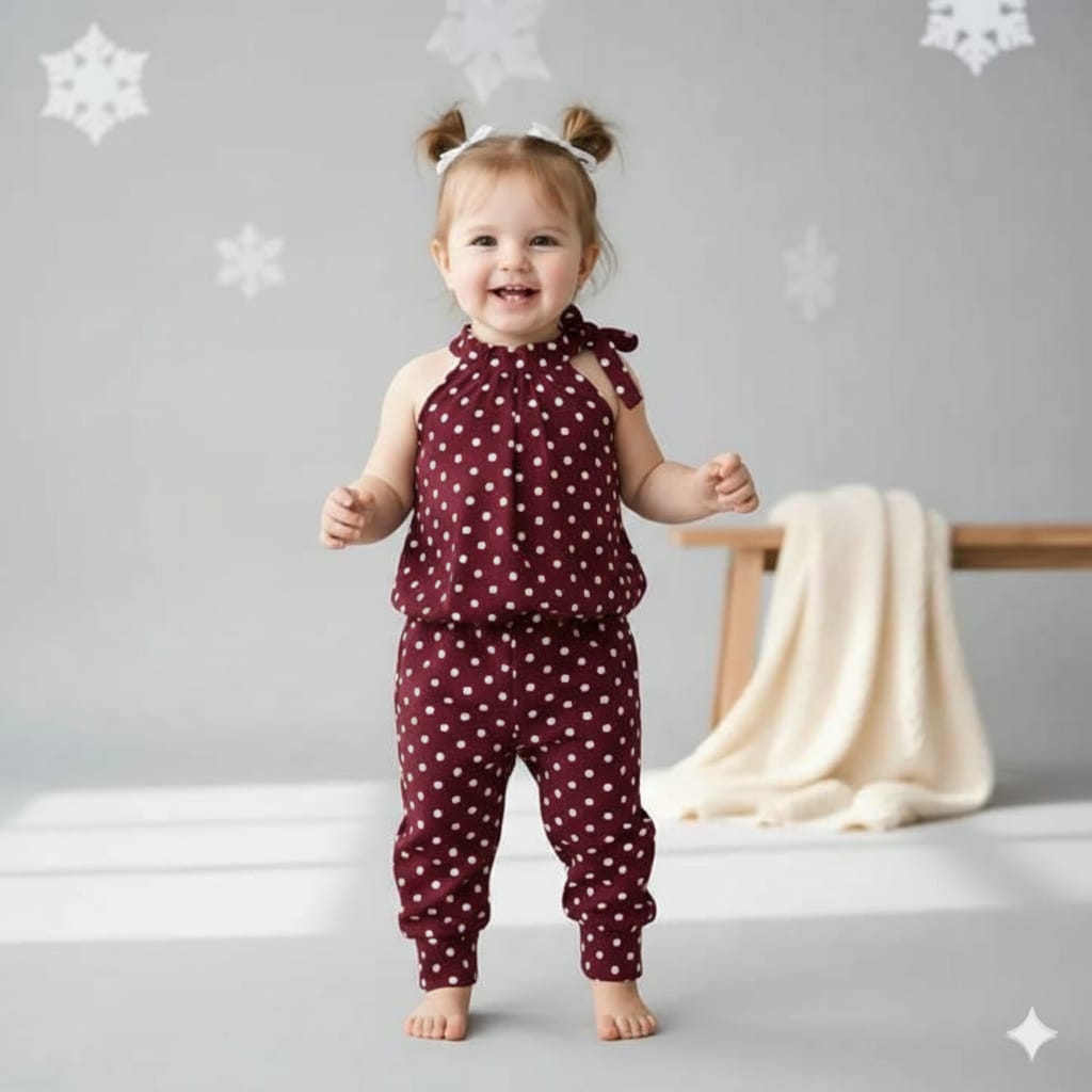 Mahroon Polka Dot Kids Sleeveless