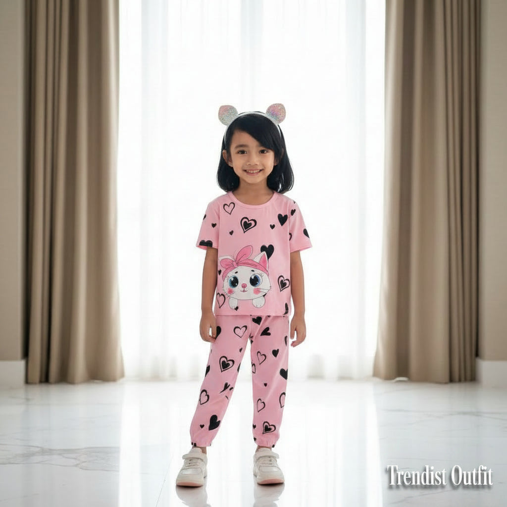 Pink Kitty with black hearts  Printed Kids Wear