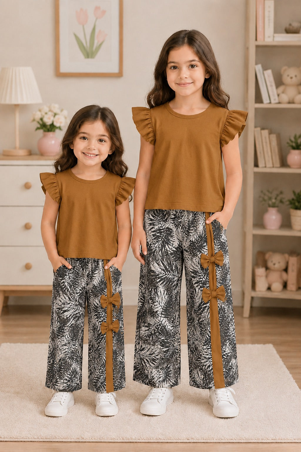 Brown Rib Bow Kids Pajama Set