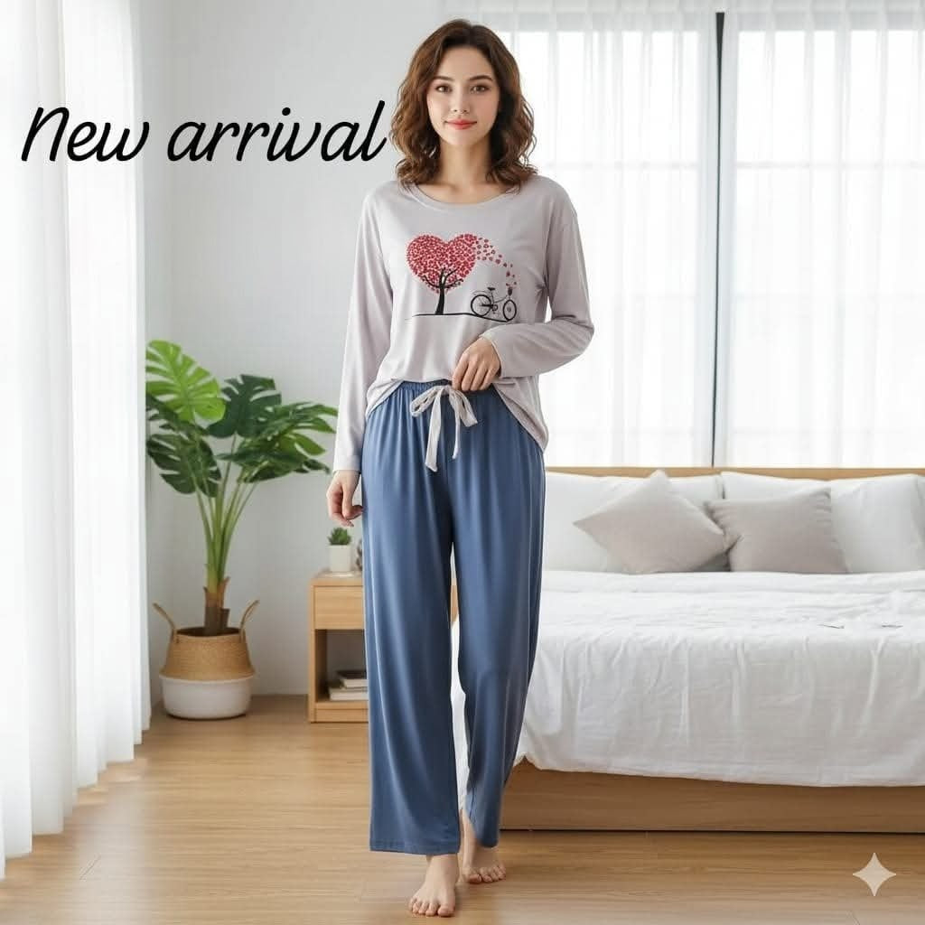 GREY BLUE LOVE HEART FLOWER PRINTED LOUNGEWEAR
